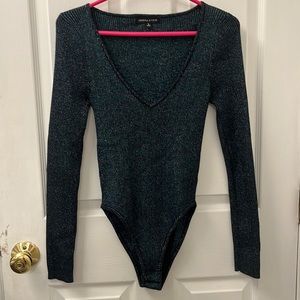 Long Sleeve Body Suit in Black and Teal with Shimmer